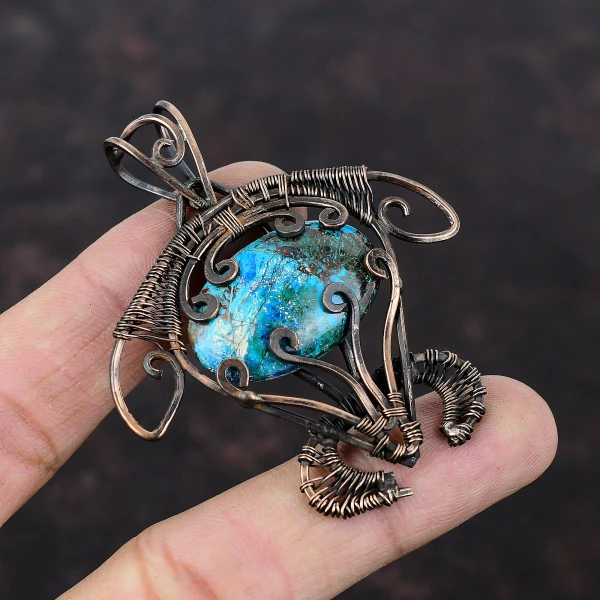 Shattuckite Oval Blue Handmade Copper Wire Wrapped Pendant
