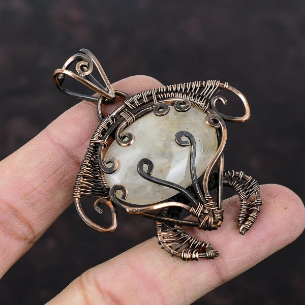 Golden Rutile Oval White Handmade Copper Wire Wrapped Pendant