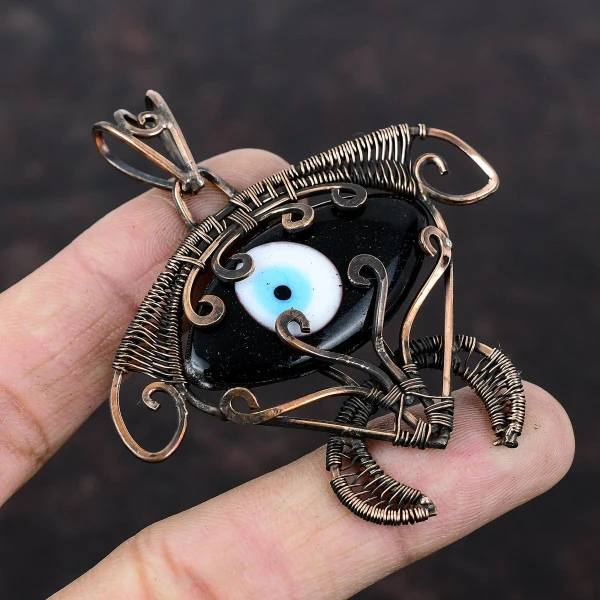 Black Color Evil Eye Marquise Black Handmade Copper Wire Wrapped Pendant