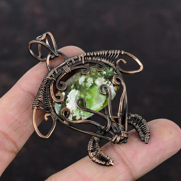 Australian Chrome Chalcedony Oval Green Handmade Copper Wire Wrapped Pendant