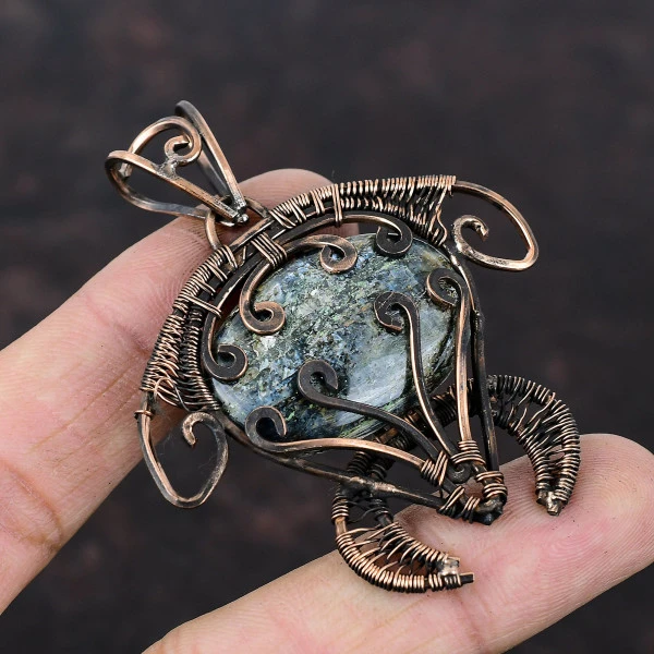 Kyanite Oval Blue Handmade Copper Wire Wrapped Pendant