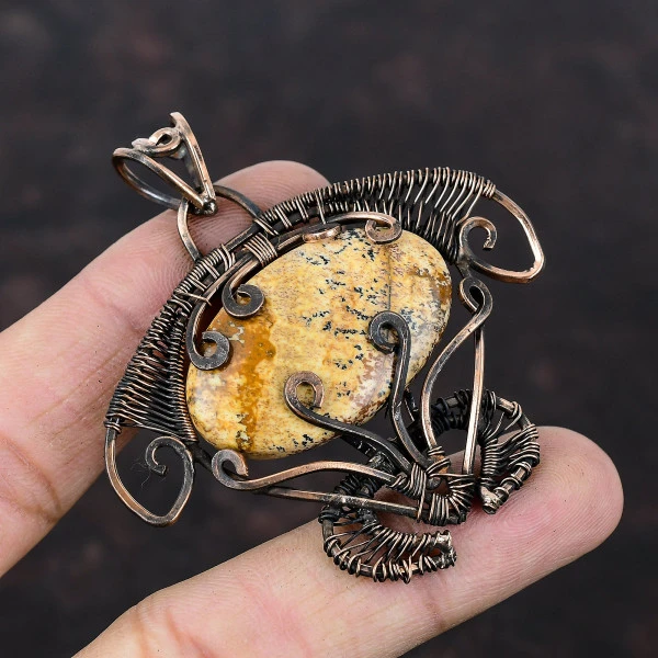 Picture Jasper Oval Brown Handmade Copper Wire Wrapped Pendant