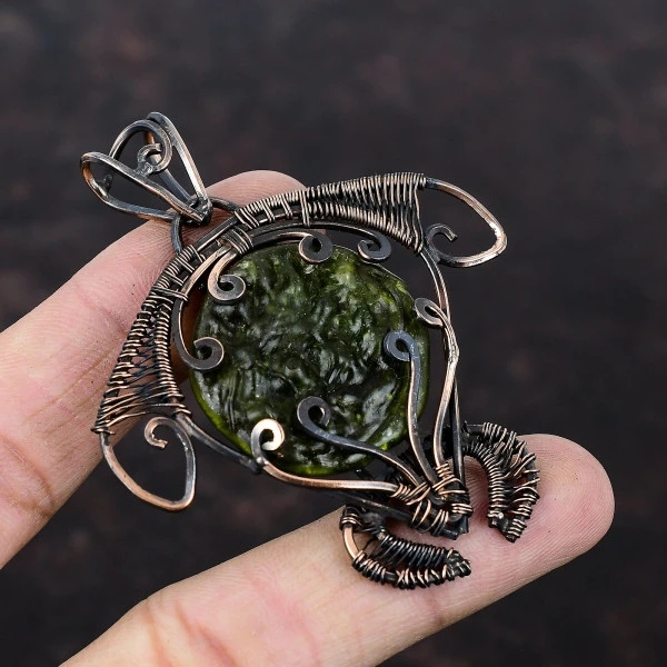Moldavite Round Green Handmade Copper Wire Wrapped Pendant