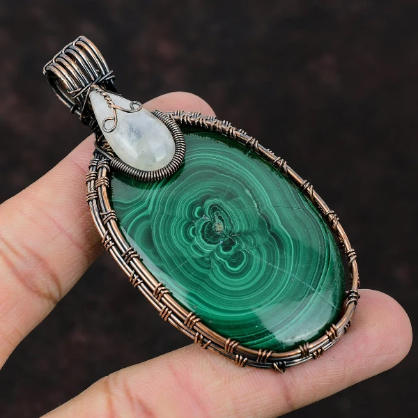 Malachite Oval Green Handmade Copper Wire Wrapped Pendant