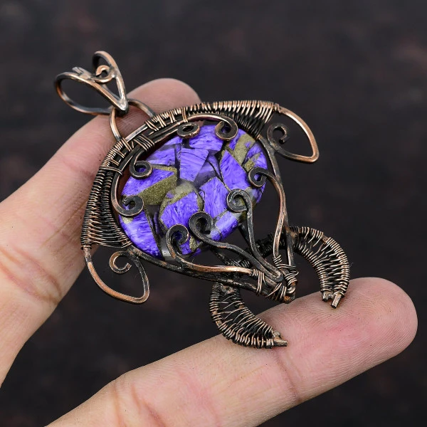 Copper Charoite Oval Purple Handmade Copper Wire Wrapped Pendant