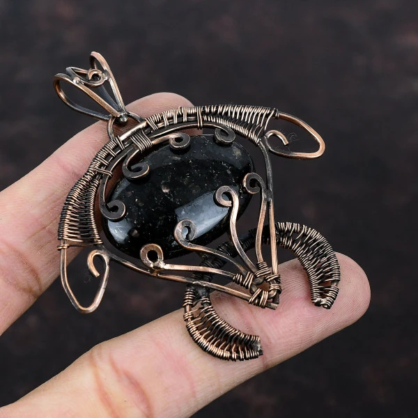 Nuummite Oval Black Handmade Copper Wire Wrapped Pendant