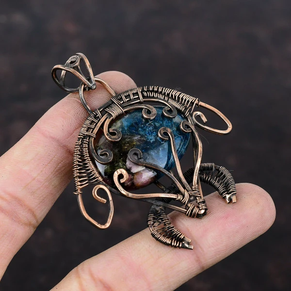 Watermelon Tourmaline Oval Blue Handmade Copper Wire Wrapped Pendant