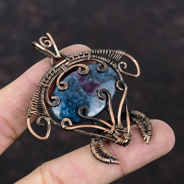 Ruby In Blue Kyanite Oval Blue Handmade Copper Wire Wrapped Pendant