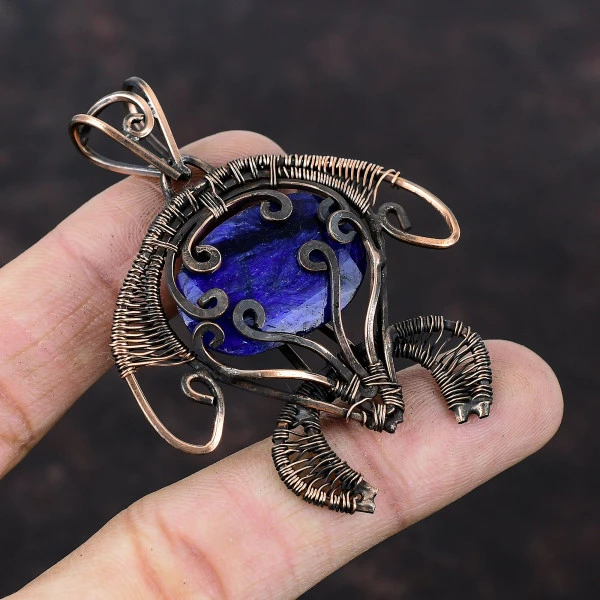 Blue Sapphire Oval Blue Handmade Copper Wire Wrapped Pendant
