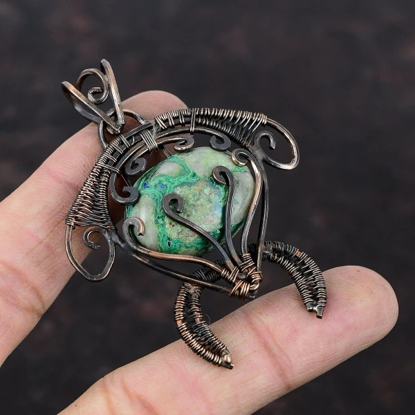 Azurite Malachite Oval Green Handmade Copper Wire Wrapped Pendant