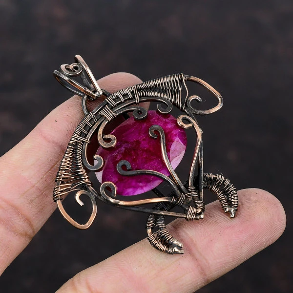 Kashmir Ruby Oval Red Handmade Copper Wire Wrapped Pendant