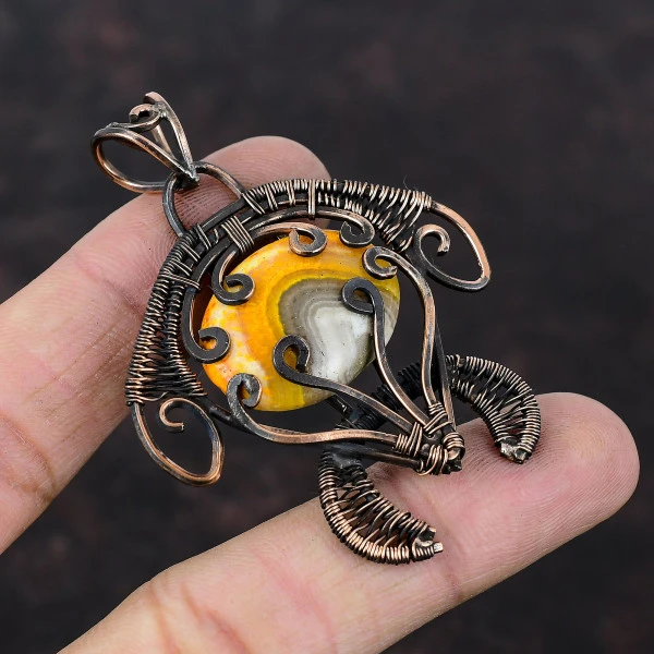 Bumble Bee Jasper Oval Yellow Handmade Copper Wire Wrapped Pendant