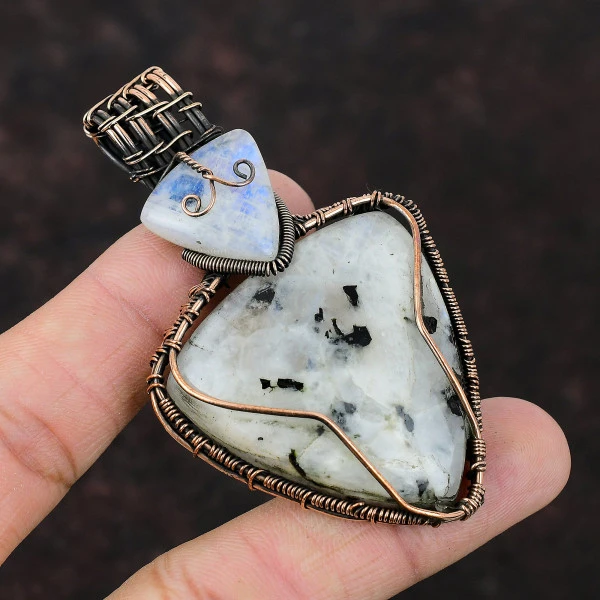 Rainbow Moonstone Trillion White Handmade Copper Wire Wrapped Pendant