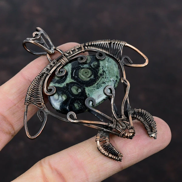 Kambaba Jasper Oval Green Handmade Copper Wire Wrapped Pendant
