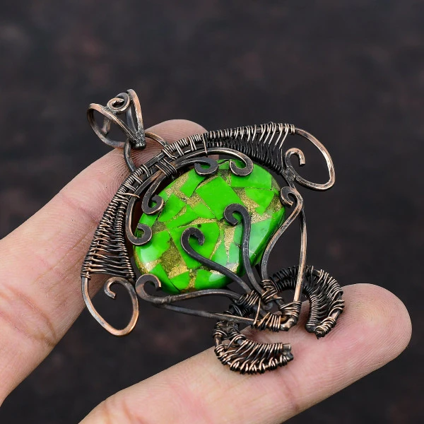 Copper Green Turquoise Oval Green Handmade Copper Wire Wrapped Pendant