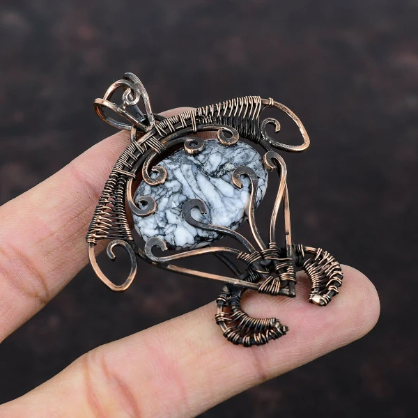 Pinolith Jasper Oval Black Handmade Copper Wire Wrapped Pendant