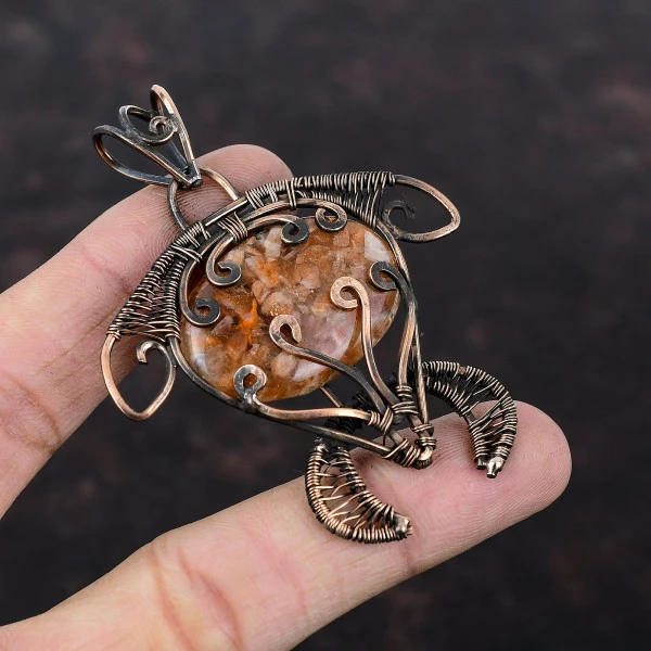 Sunstone Oval Orange Handmade Copper Wire Wrapped Pendant