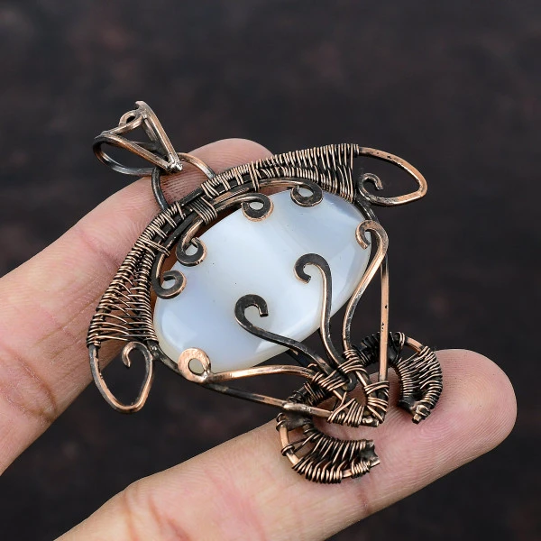 Botswana Agate Oval White Handmade Copper Wire Wrapped Pendant