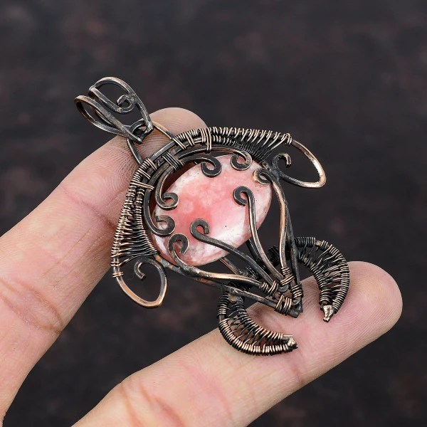 Rhodochrosite Oval Pink Handmade Copper Wire Wrapped Pendant