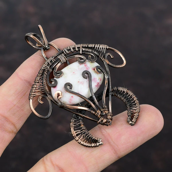 Cinnabar Oval White Handmade Copper Wire Wrapped Pendant