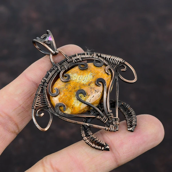 Fossil Coral Oval Yellow Handmade Copper Wire Wrapped Pendant