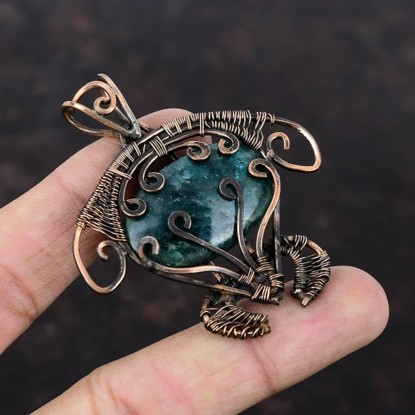 Neon Apatite Oval Blue Handmade Copper Wire Wrapped Pendant