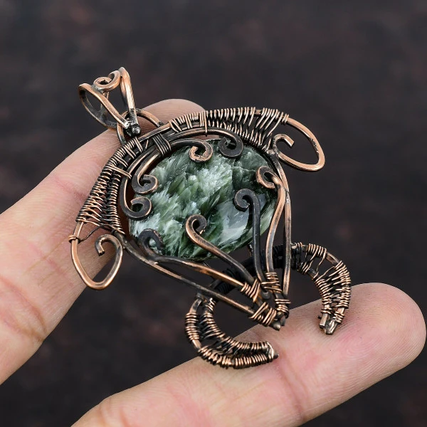 Seraphinite Oval Green Handmade Copper Wire Wrapped Pendant