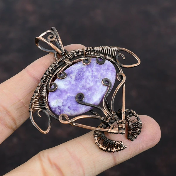 Lepidolite Oval Purple Handmade Copper Wire Wrapped Pendant