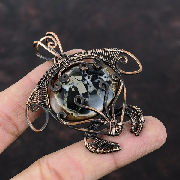 Moroccan Mud Crack Fossil Oval Black Handmade Copper Wire Wrapped Pendant