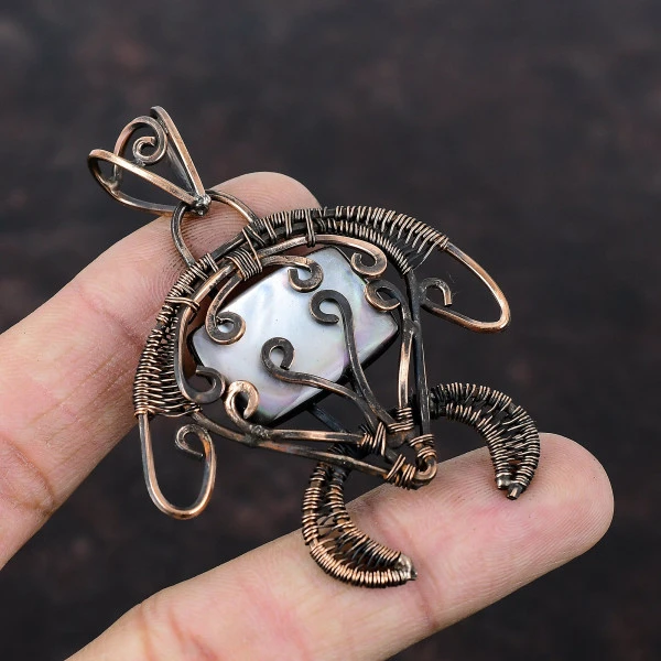 Black Mother Of Pearl Radiant Black Handmade Copper Wire Wrapped Pendant