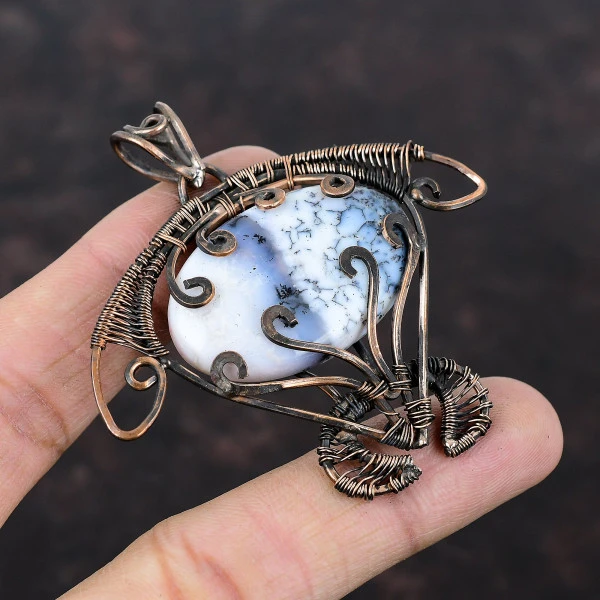 Dendrite Opal Oval White Handmade Copper Wire Wrapped Pendant