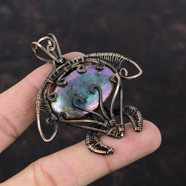 Mystic Fire Labradorite Oval Purple Handmade Copper Wire Wrapped Pendant