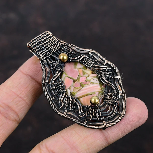 Copper Pink Opal Oval Pink Handmade Copper Wire Wrapped Pendant