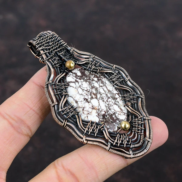 Wild Horse Magnesite Oval Brown Handmade Copper Wire Wrapped Pendant
