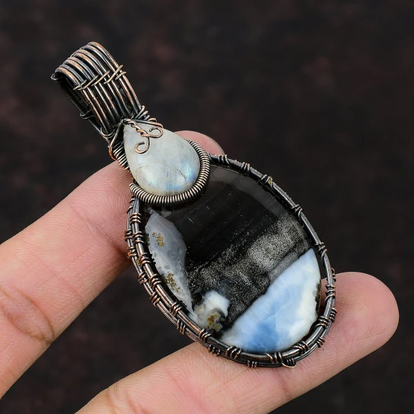 Owyhee Blue Opal Oval Blue Handmade Copper Wire Wrapped Pendant