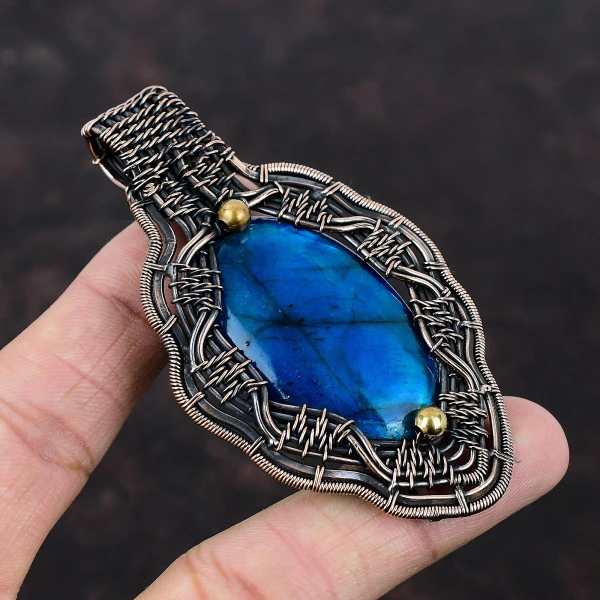 Neon Flash Labradorite Oval Blue Handmade Copper Wire Wrapped Pendant