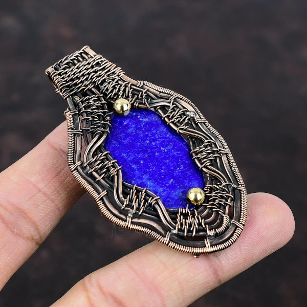 Lapis Lazuli Oval Blue Handmade Copper Wire Wrapped Pendant
