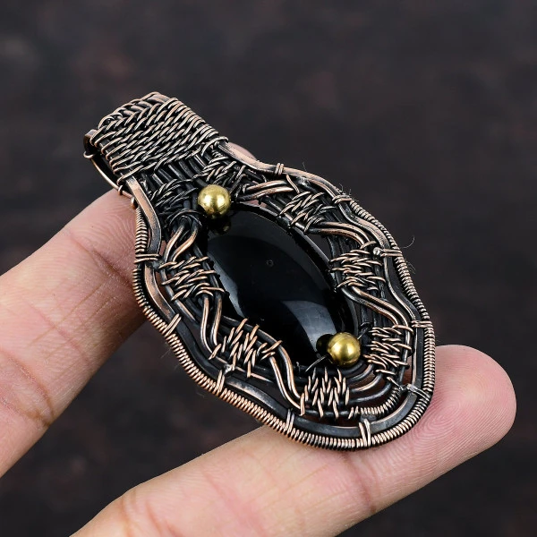 Black Onyx Oval Black Handmade Copper Wire Wrapped Pendant