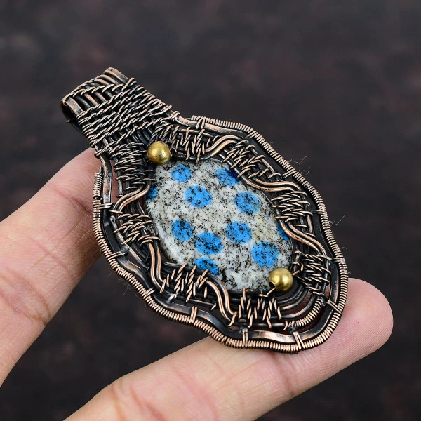 K2 Jasper Oval White Handmade Copper Wire Wrapped Pendant