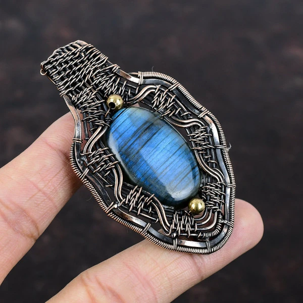 Labradorite Oval Blue Handmade Copper Wire Wrapped Pendant