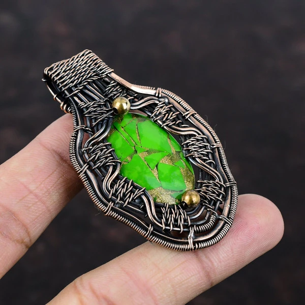 Copper Green Turquoise Oval Green Handmade Copper Wire Wrapped Pendant