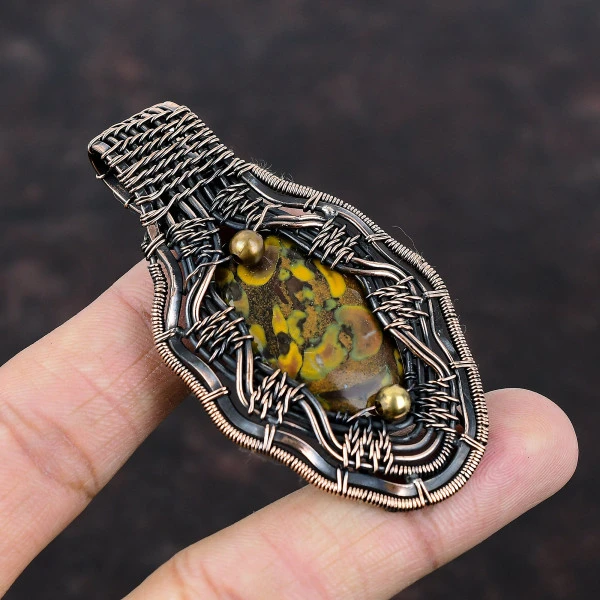 Fruit Jasper Oval Yellow Handmade Copper Wire Wrapped Pendant