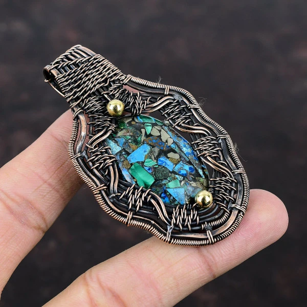 Copper Azurite Malachite Oval Green Handmade Copper Wire Wrapped Pendant