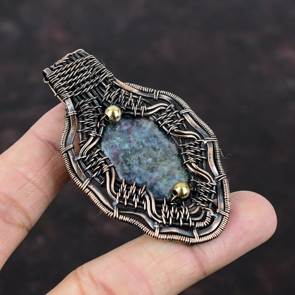 Ruby In Blue Kyanite Oval Blue Handmade Copper Wire Wrapped Pendant