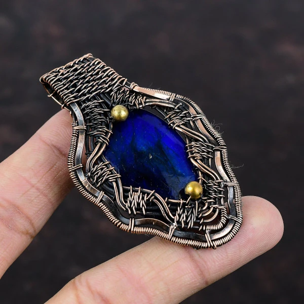 Blue Fire Labradorite Oval Blue Handmade Copper Wire Wrapped Pendant