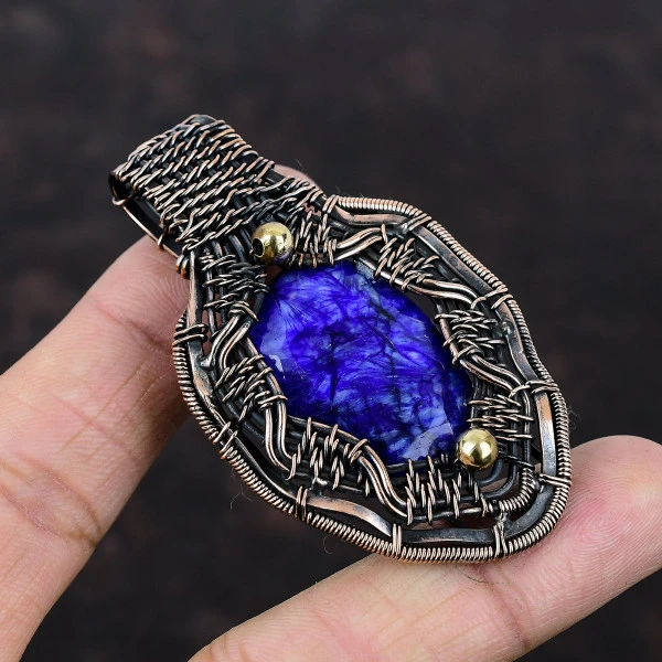 Blue Sapphire Oval Blue Handmade Copper Wire Wrapped Pendant
