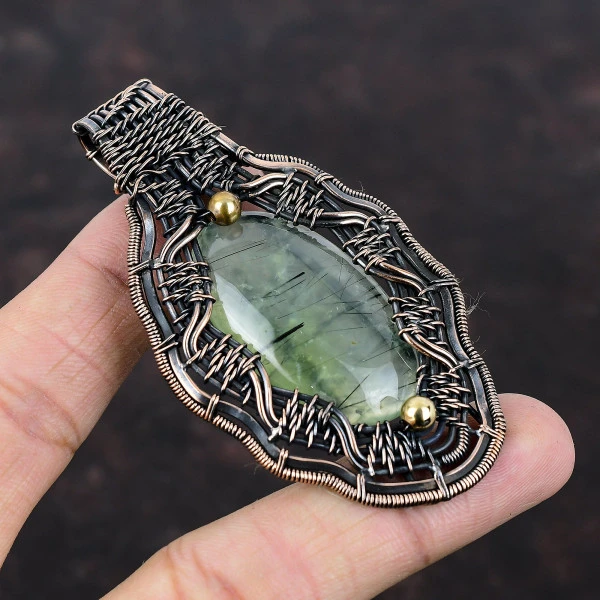Moss Prehnite Oval Green Handmade Copper Wire Wrapped Pendant