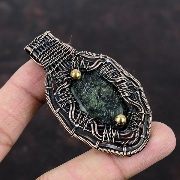 Kambaba Jasper Oval Green Handmade Copper Wire Wrapped Pendant