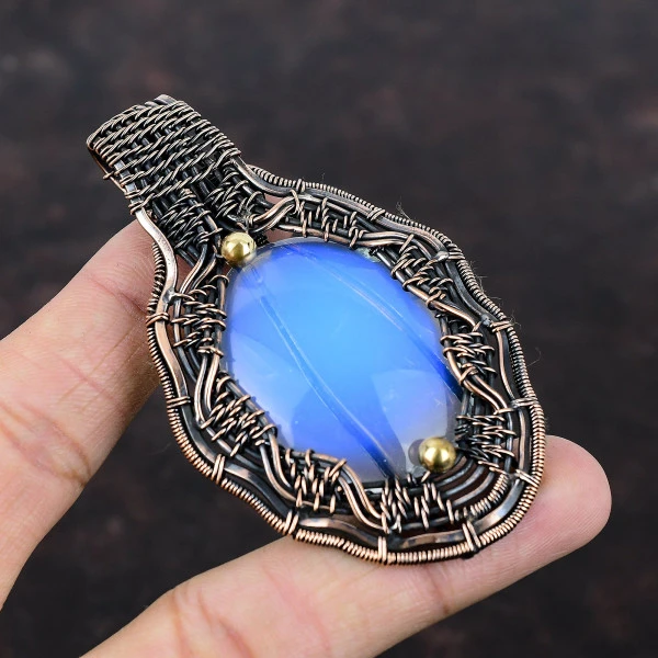 Milky Opal Oval White Handmade Copper Wire Wrapped Pendant