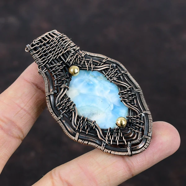 Larimar Oval Blue Handmade Copper Wire Wrapped Pendant
